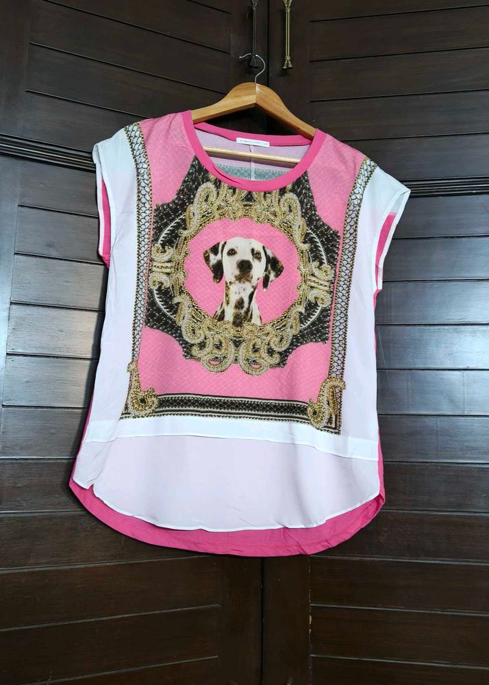 Zishen Women Pink Dog Printed Embellished Top