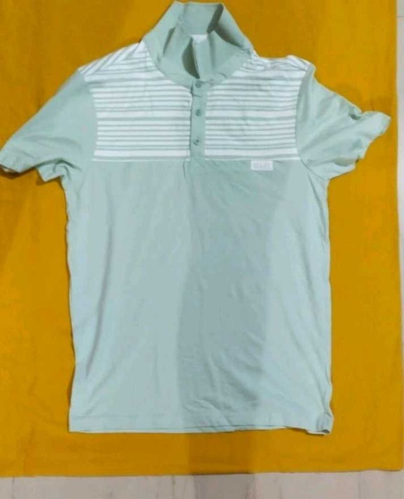 Striped Collar Polo Shirt - Light Blue