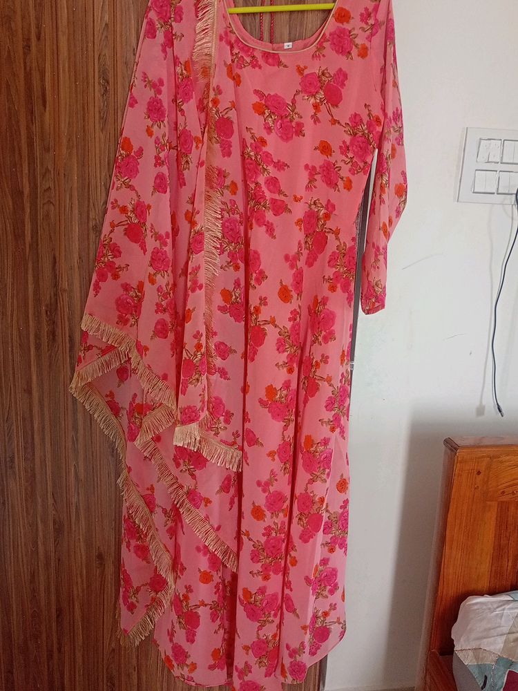 Georgette Peach Pink Long Frock With Dupatta