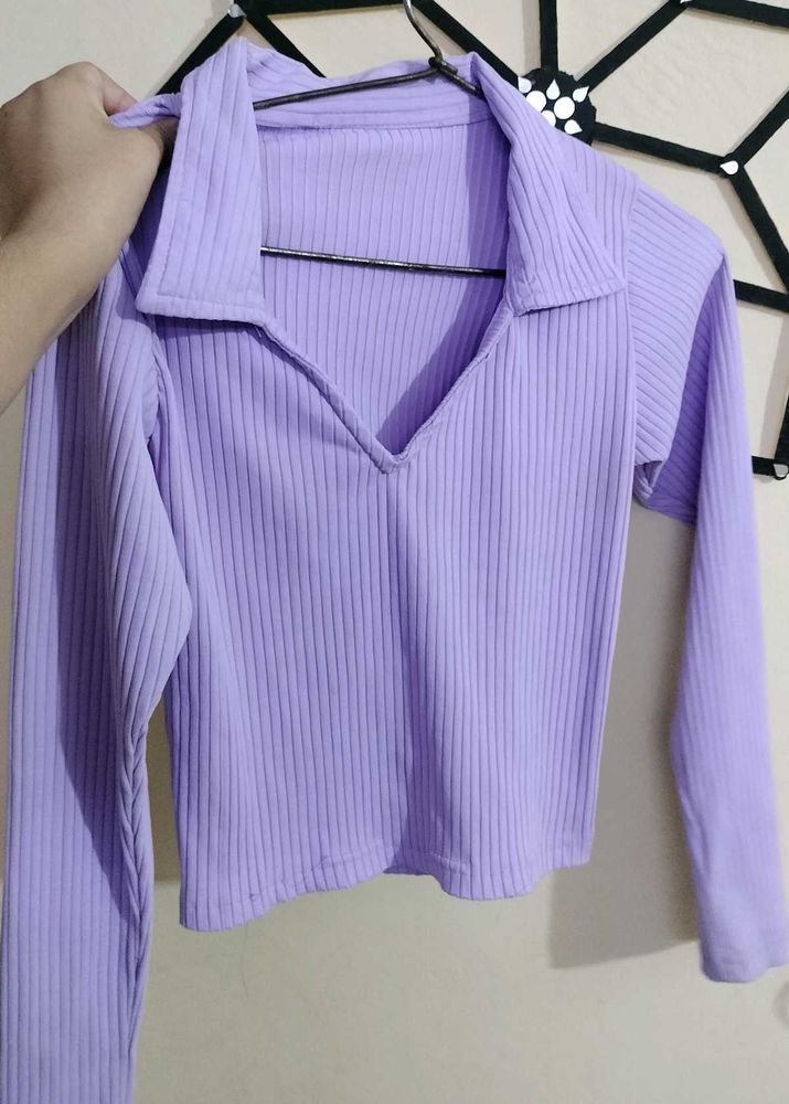 Ribbed V-Neck Long Sleeve Top