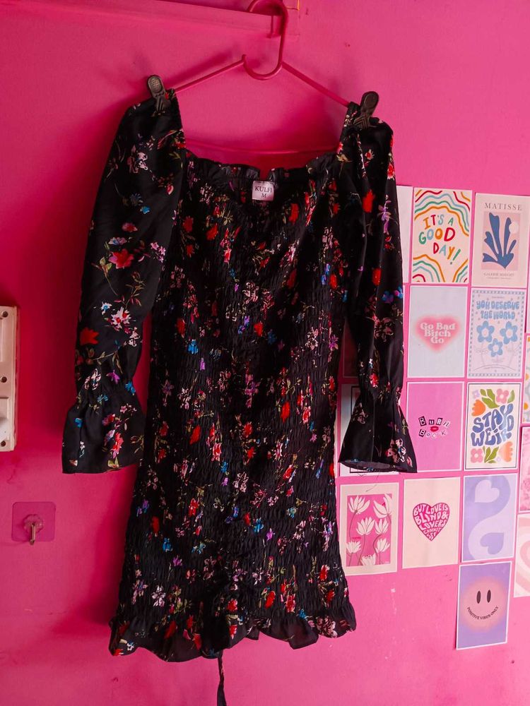Blackhath Black Floral Print Peplum Dress