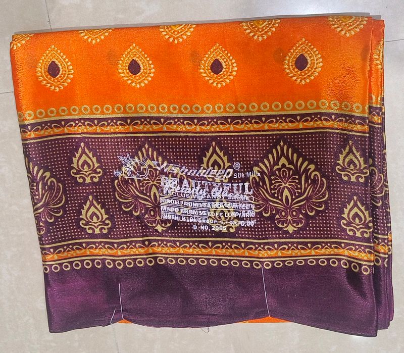 Poly Silk Saree with Orange &amp; Deep Purple Design