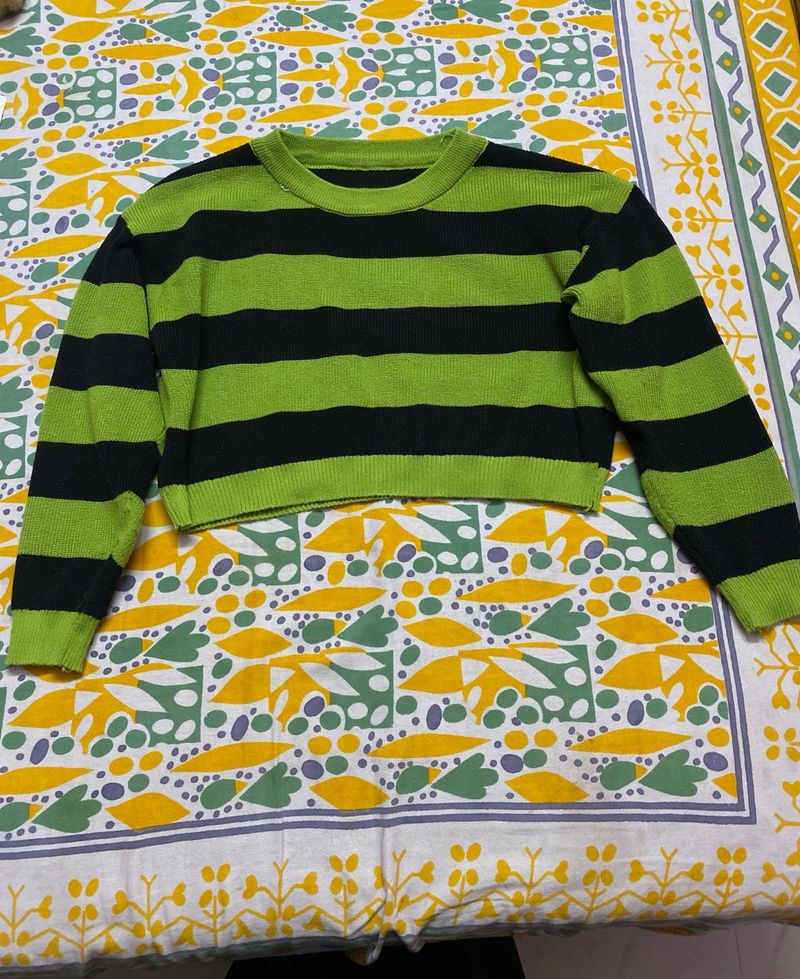 Striped Cropped Green Sweatshirt