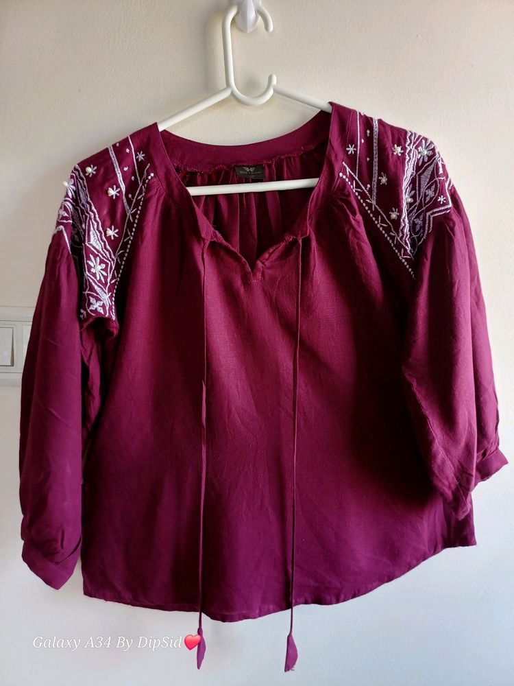 Magenta Colour Ballon Sleeves Top (XS/ S - Size)
