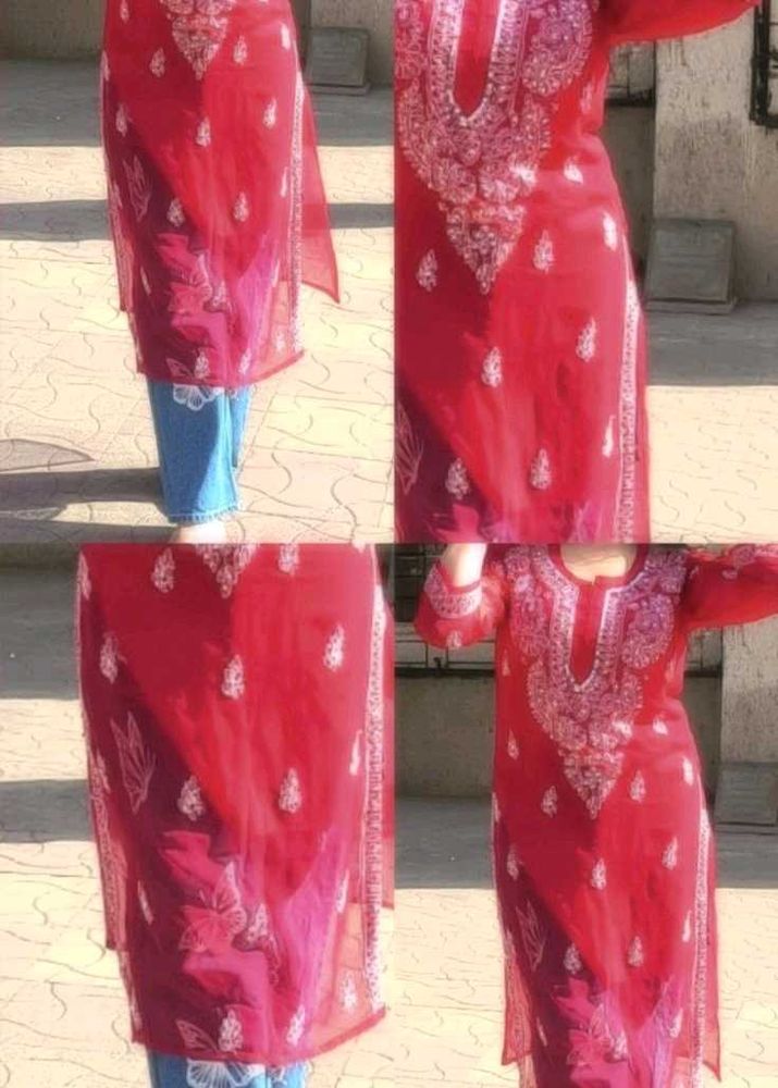 Red Embroidered Kurta