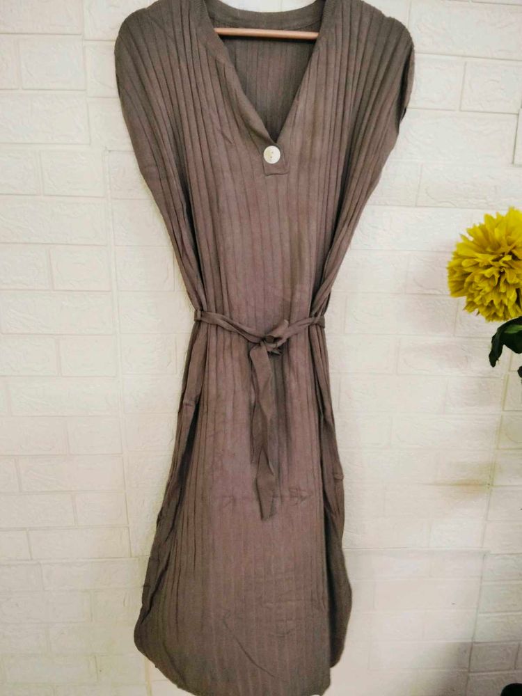 Brown Ribbed Knit Dress