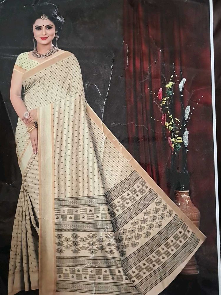 Elegant Cream &amp; Brown Printed Saree