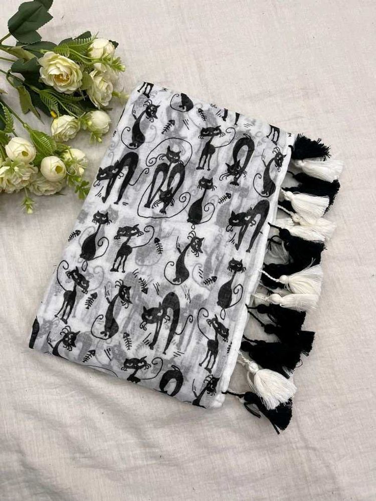Cat Print Cotton Mul Handloom Saree