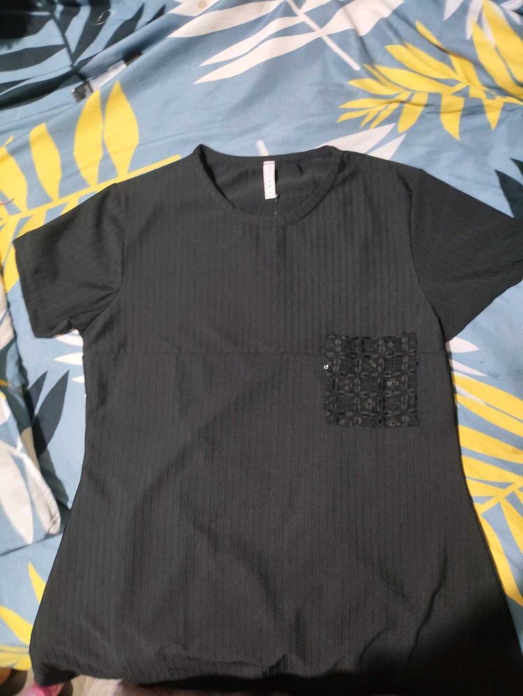 Black Ribbed Tee with Pocket Detail