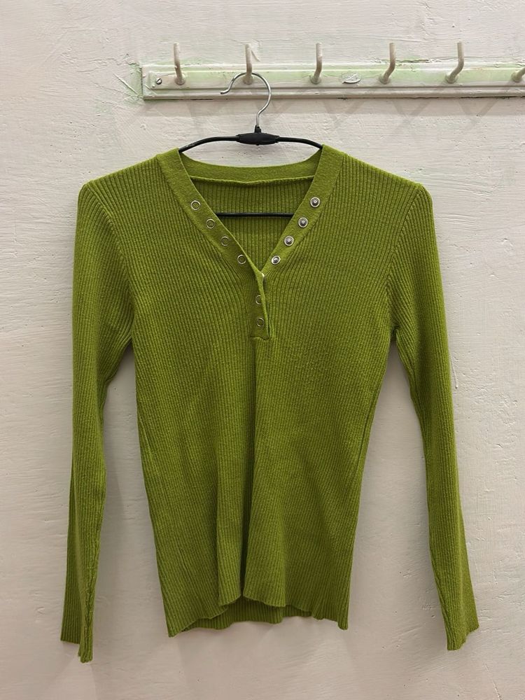 Green Ribbed V-Neck Top