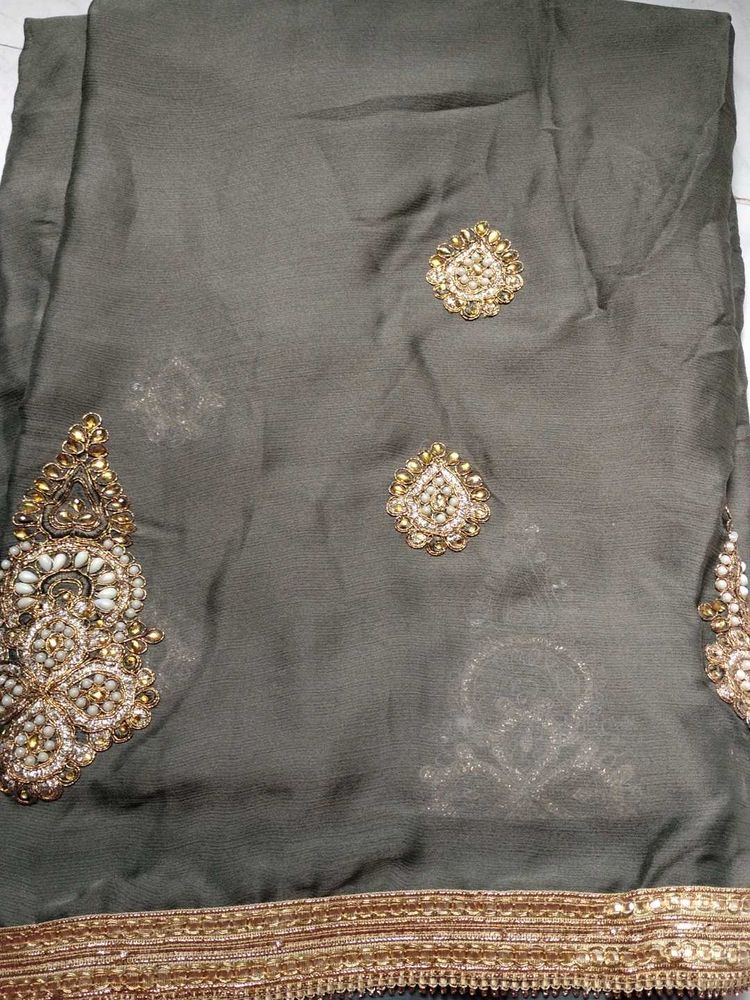 Elegant Olive Green &amp; Gold Embellished Saree