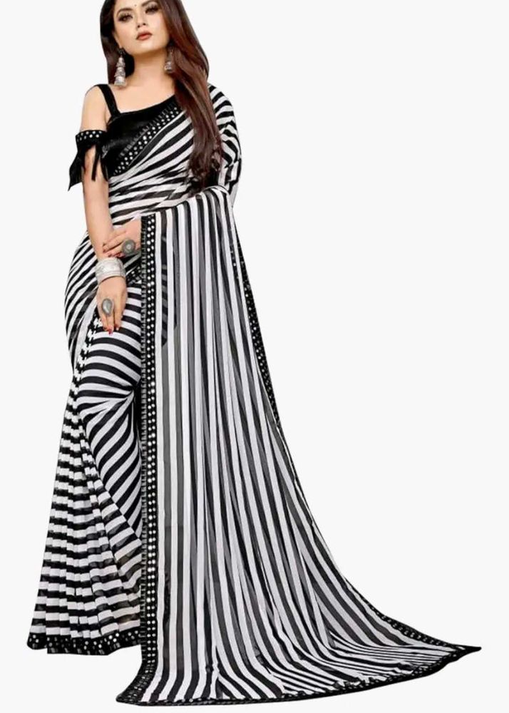 Black &amp; White Striped  Sequined Border Saree
