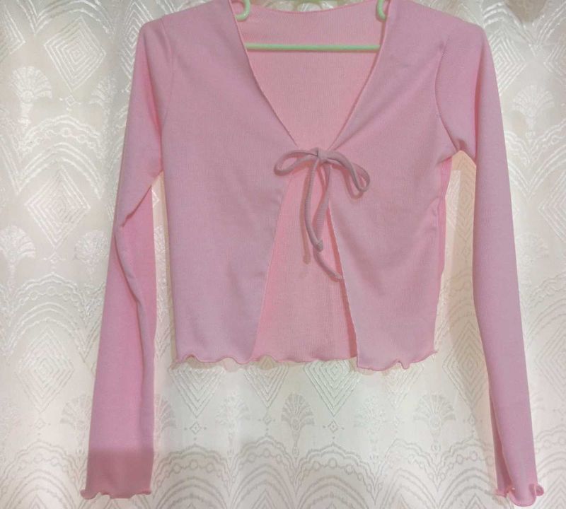 Pink Tie-Front Long Sleeve Top