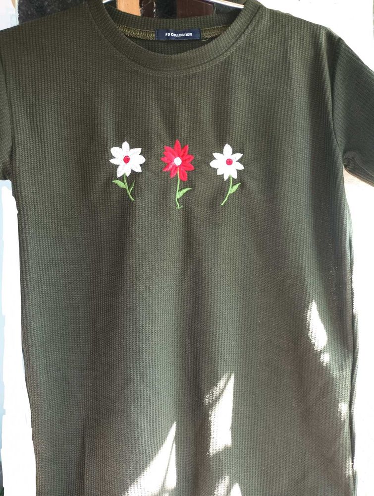 Olive Green Embroidered  Korean T Shirt
