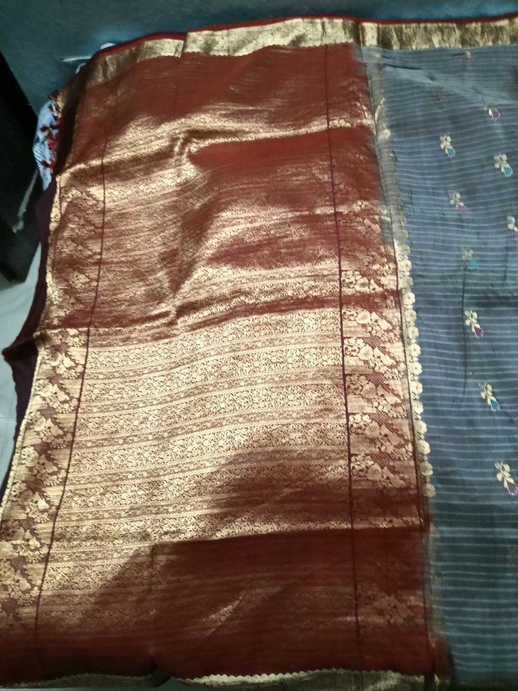 GentlyUsed Burgundy and Grey Pattu Sari WithBlo
