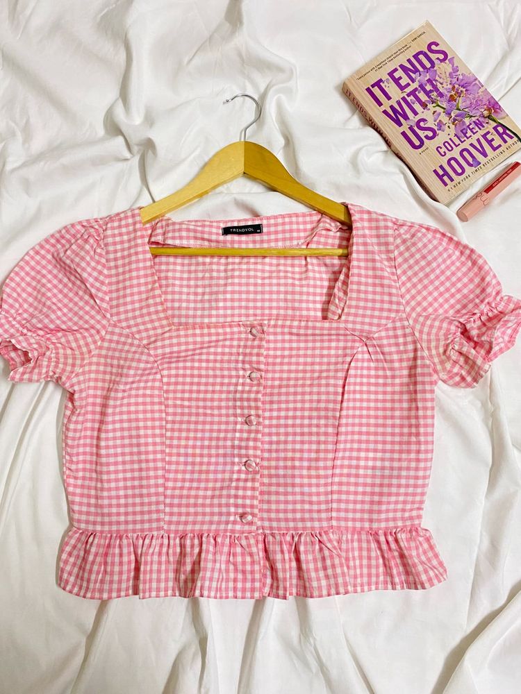 Pink Gingham Puff Sleeve Top
