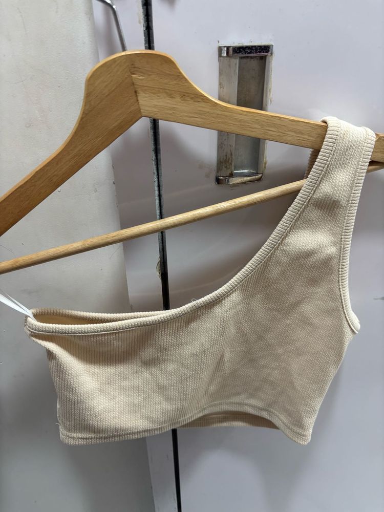 Beige One-Shoulder Crop Top