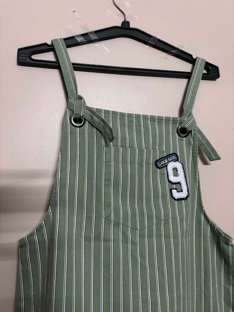 Olive Green Striped Overalls
