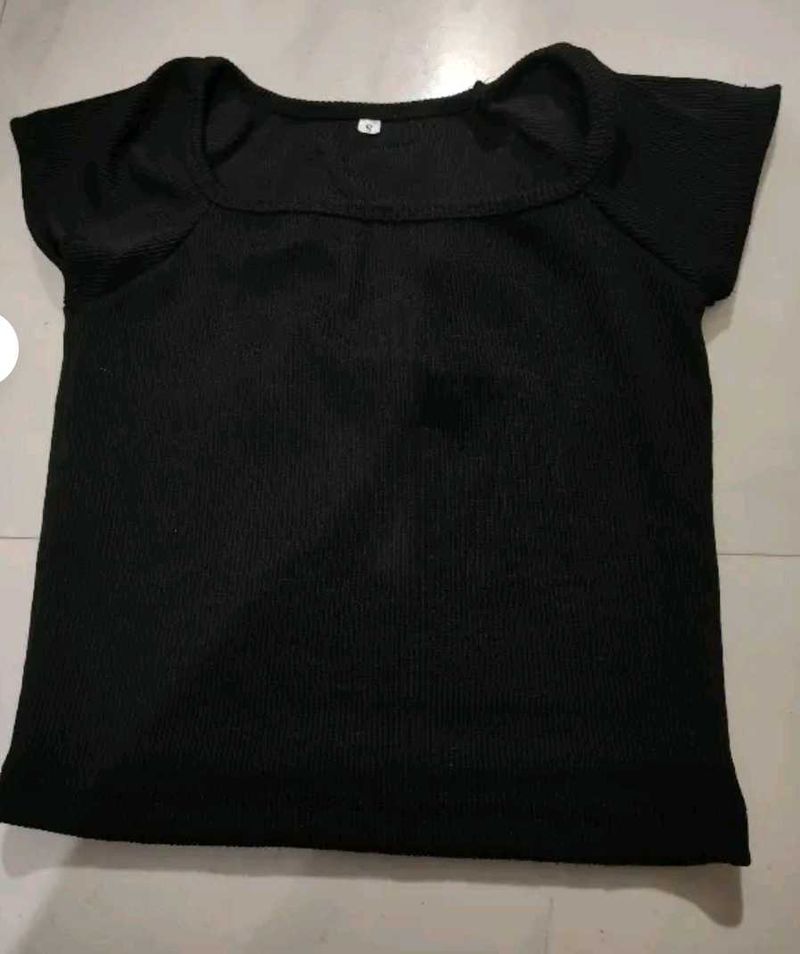 Black Ribbed Square Neck Top