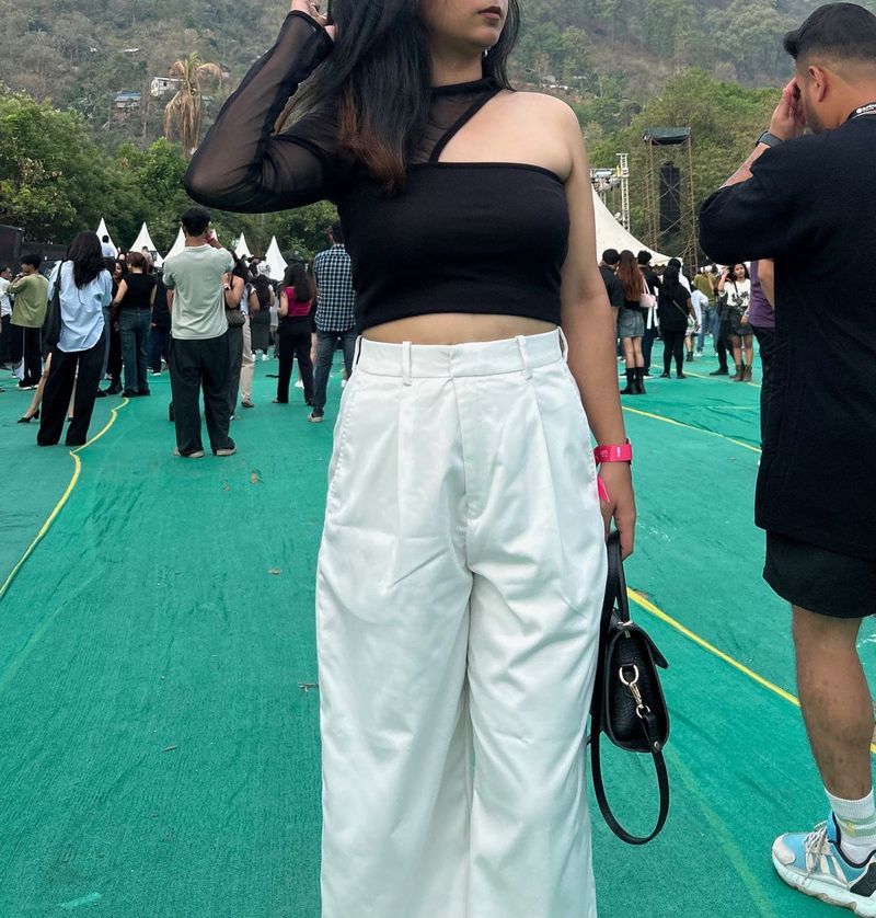 Sheer Sleeve One Shoulder Black Top