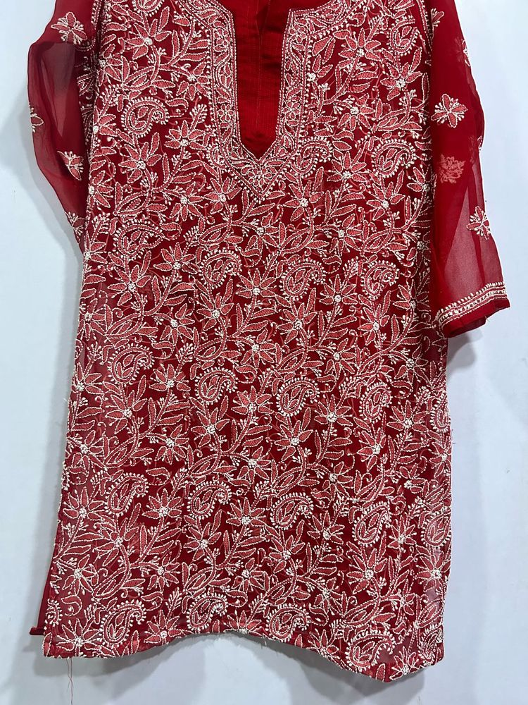 Red Chikankari Embroidered Kurta