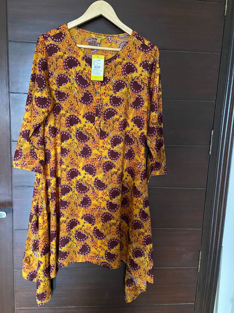 Printed Mustard Yellow Asymmetric Kurta (L)