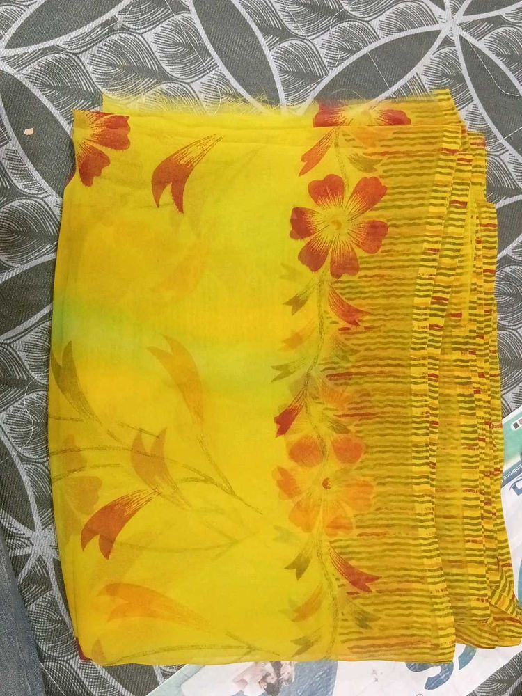 Floral Print Yellow Saree