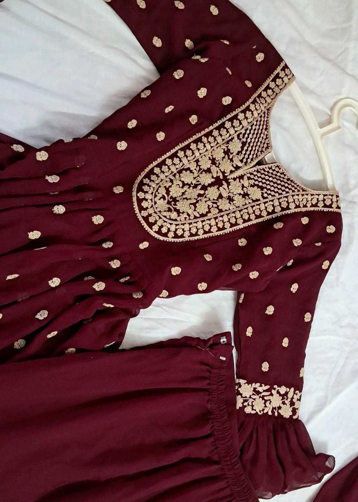 Elegant 3 Pc Maroon Sharara Suit Set🥀