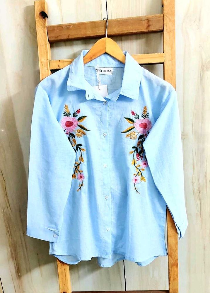 Sky Blue Embroidery Work Cotton Shirt Size-36