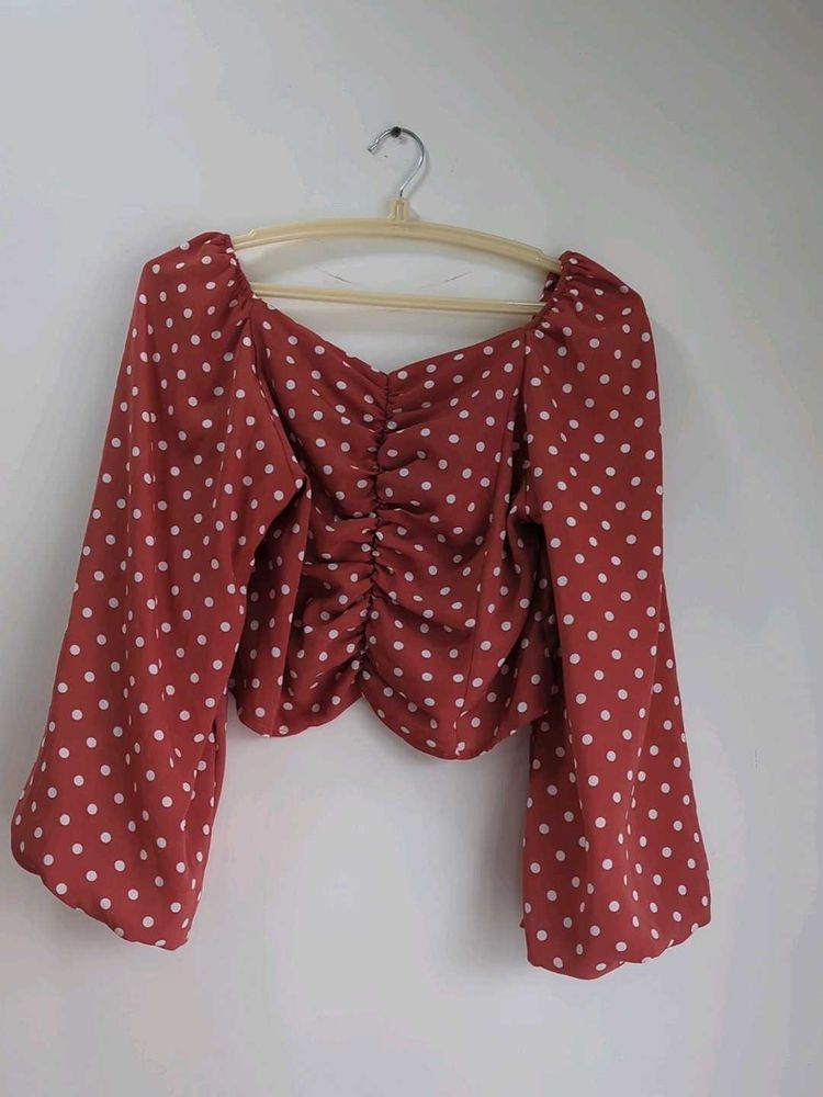 Red off shoulder Polka Dot Crop Top