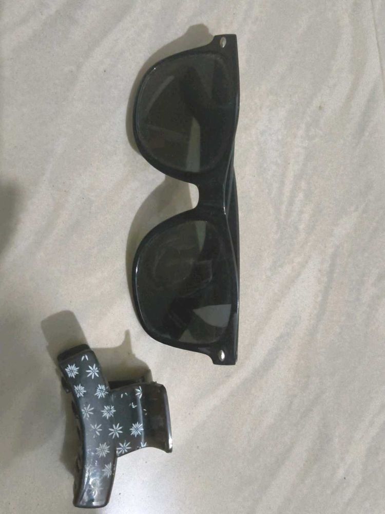 Trendy Black Sunglasses + Stylish Printed Hair Cla