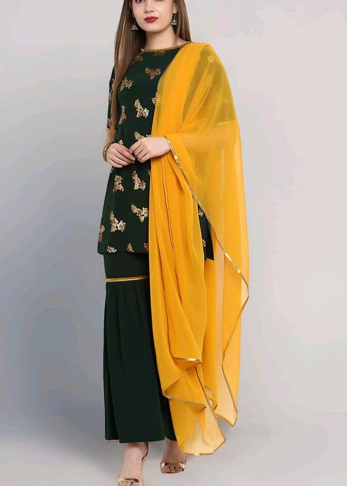 Green &amp; Gold Embellished Sharara Suit
