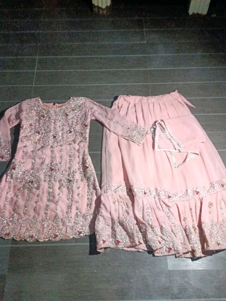 Pink Embellished Girls' farshi garara and kurti