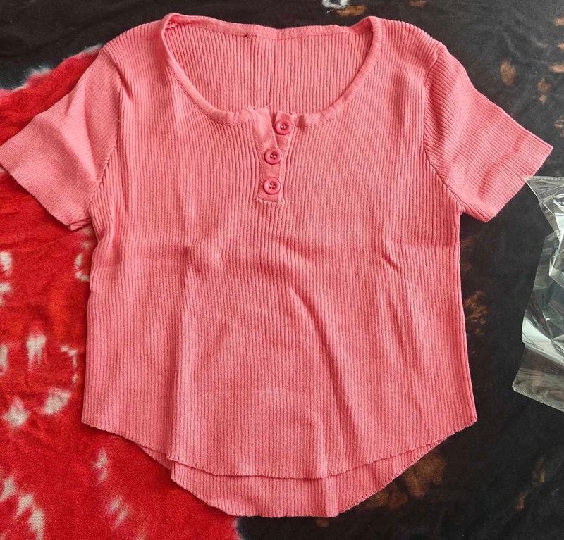Cute Ribbed Button Tee