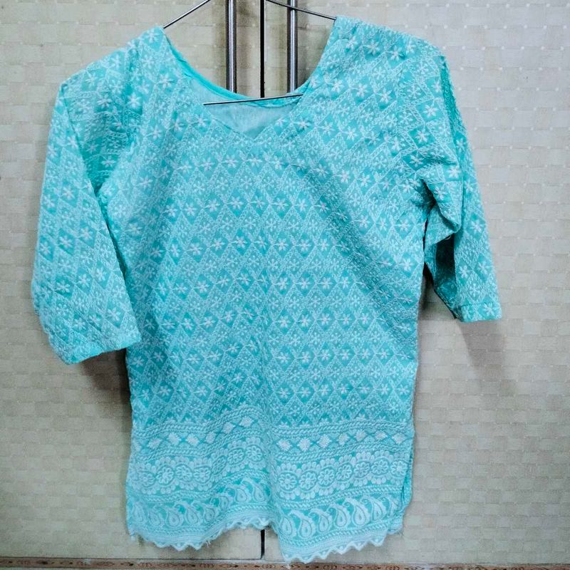 Aqua Embroidered Short Kurti