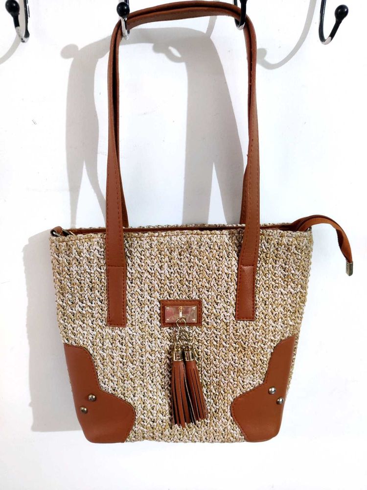 Woven Tote Bag with Faux Leather Accents