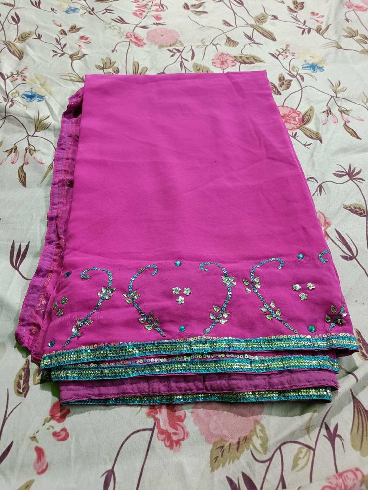 Lace Border Mirror HandWork Pink Saree,&amp; Petticoat
