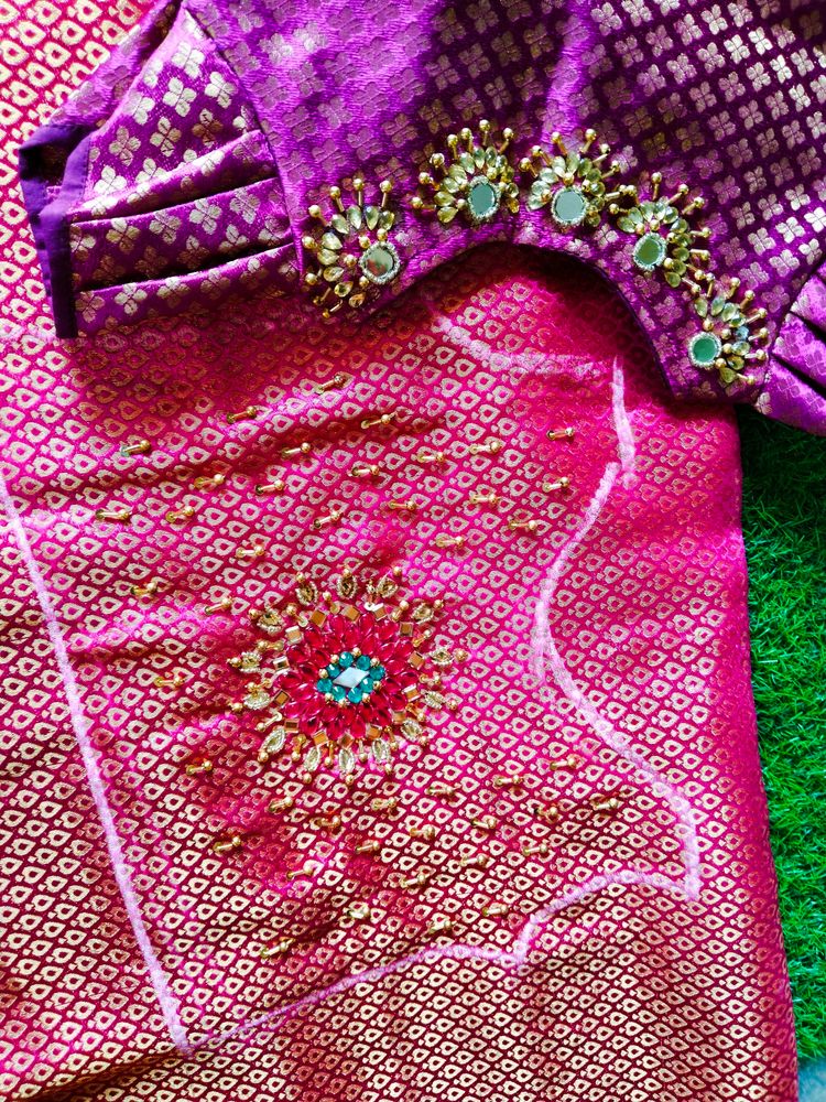 Maggam Work Pattu Pavadai Blouses For Kids