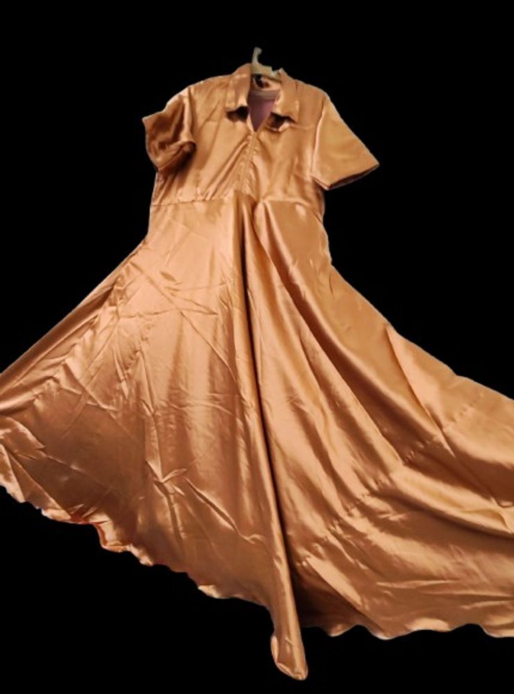 Collared Brown Satin Long Gown