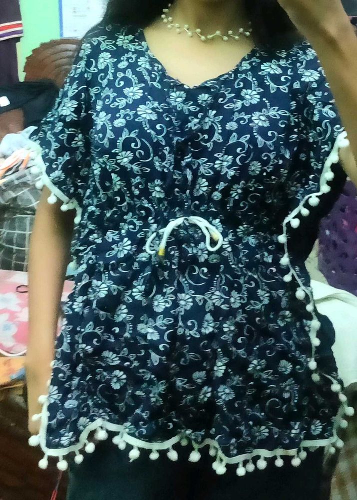 Floral Print Top with Pom-Pom Detail