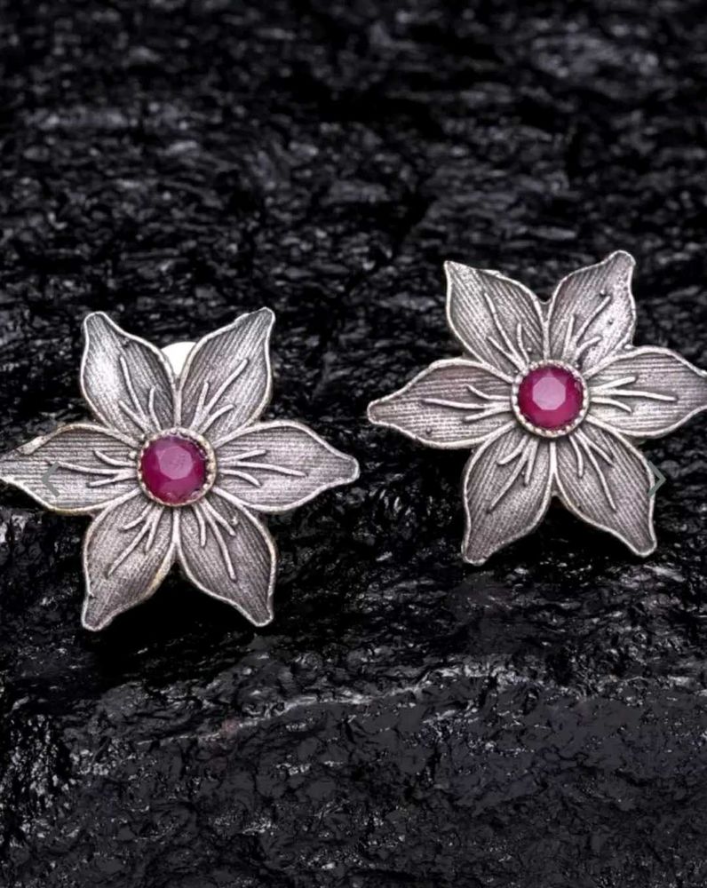 Silver - Pink Floral  Studs