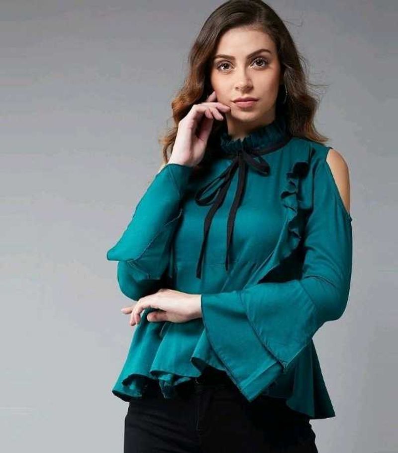 💚Teal Ruffle Cold Shoulder Top