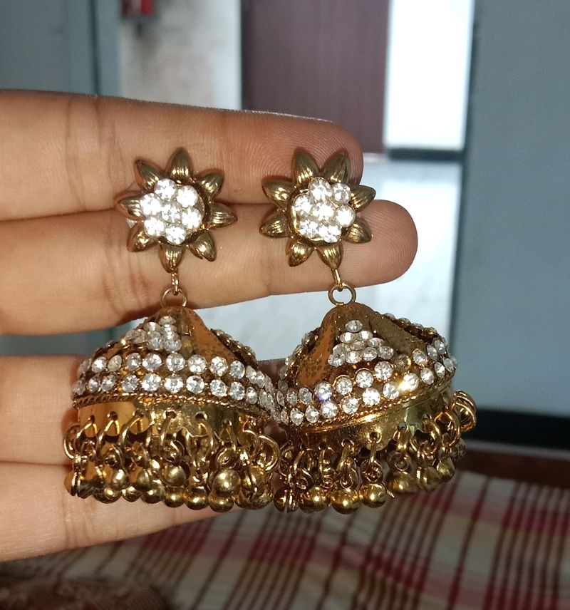 Gold Jhumka Earrings with Rhinestones