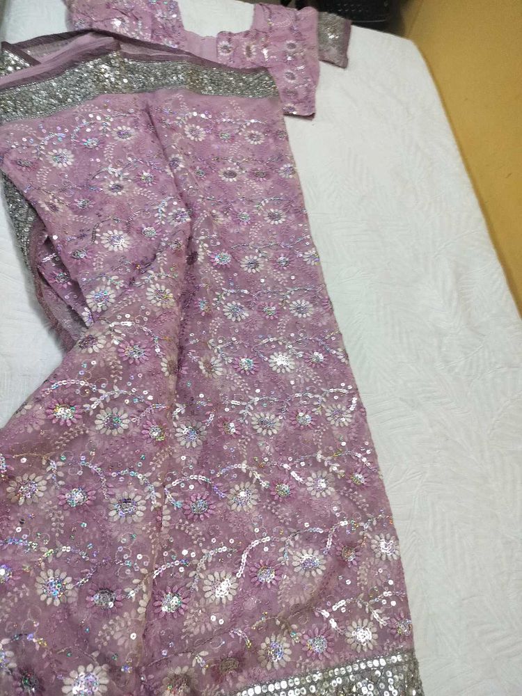 Pink Party Saree With Silver Work