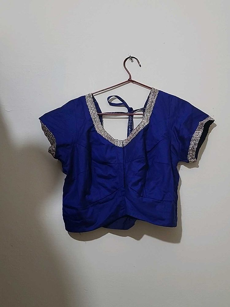 Blue Sari Blouse with Silver Trim
