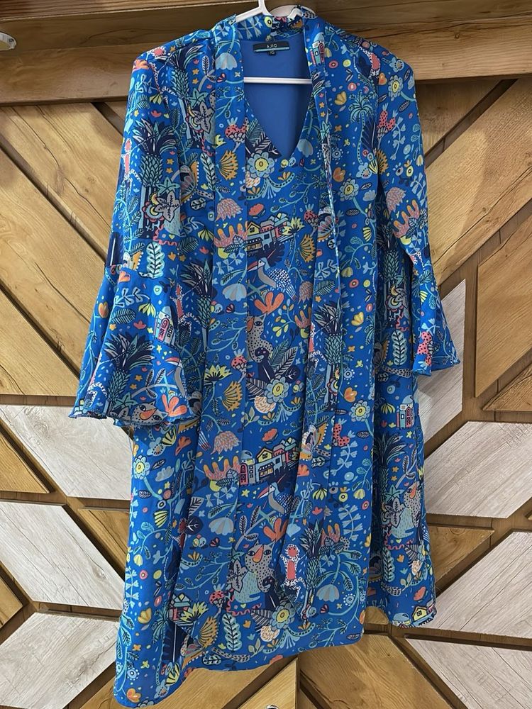 Floral Print Blue Dress Knot At Neck