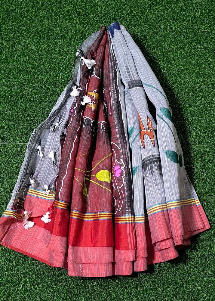 Handprint Handloom Saree - Slate Grey