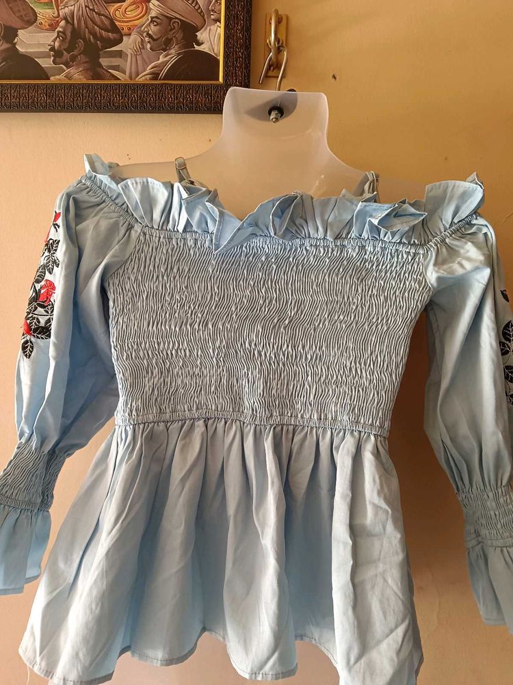 Cute Blue Embroidered Top