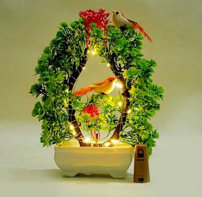 POKA Artificial green plant with sparrow &amp; light f