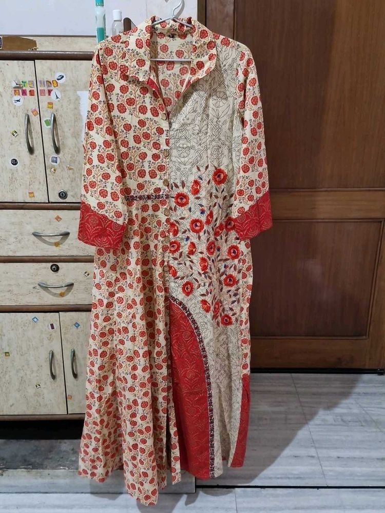 Coral Red, And Beige Colour Cotton Dress Gown